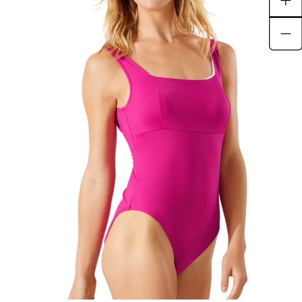 Tommy Bahama palm modern one piece square neck magenta pink swimsuit 10